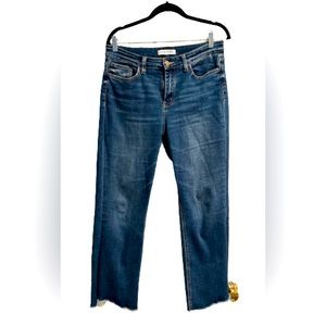 Flying Monkey Dark Blue Wash Raw Fringe High Rise Straight Fit Jeans, Size 29